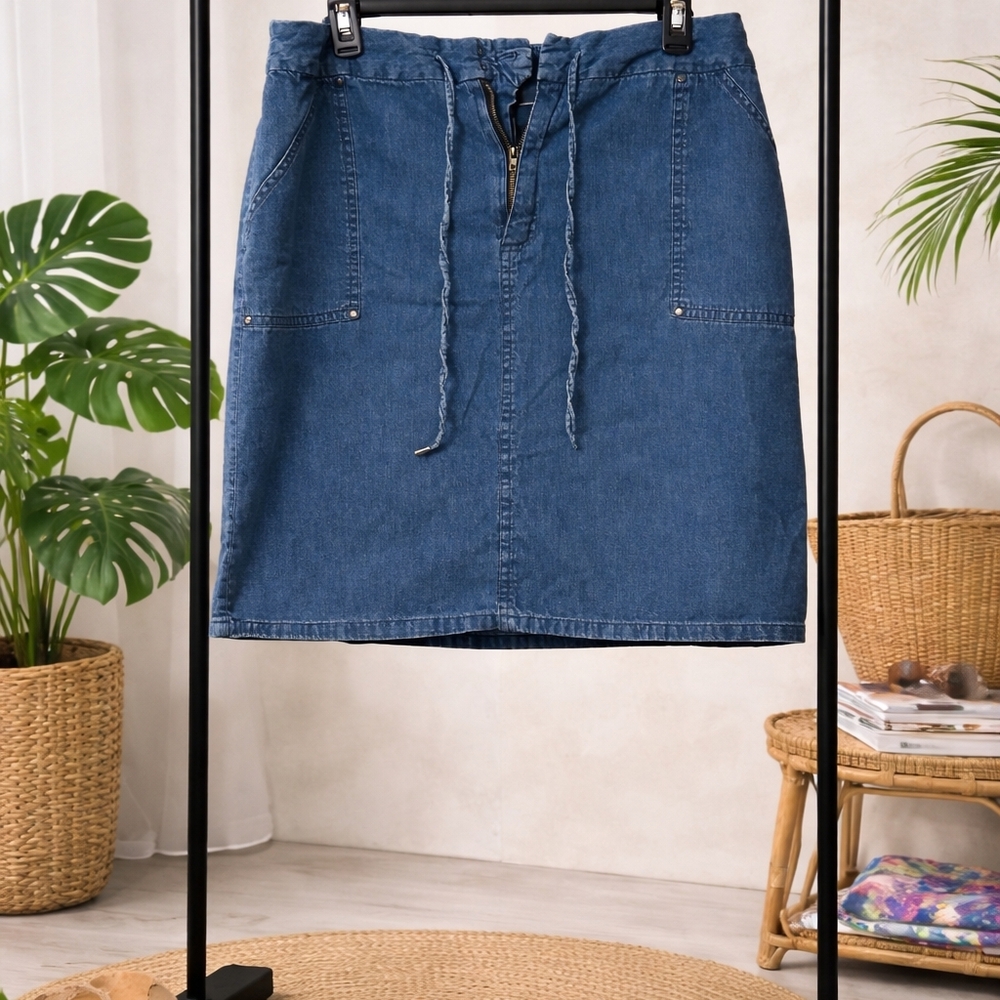 Women’s Blue Denim Pencil Skirt XL Drawstring Stretch Jean Skirt (Missing Button